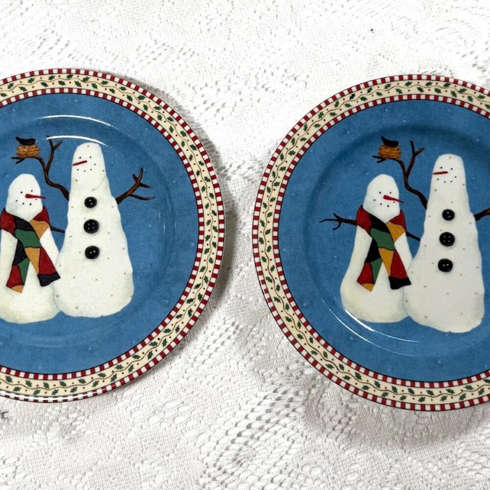 SAKURA Snowman Christmas Salad Plate – Set of 2, Whimsical Winter Design, Holly